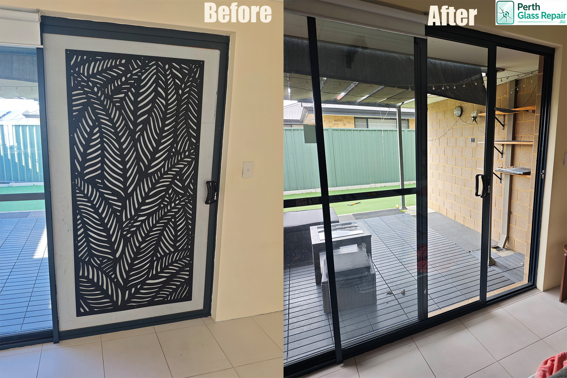 Before and after: a Perth sliding door boarded up after breakage, then restored with new safety glass by Perth Glass Repair