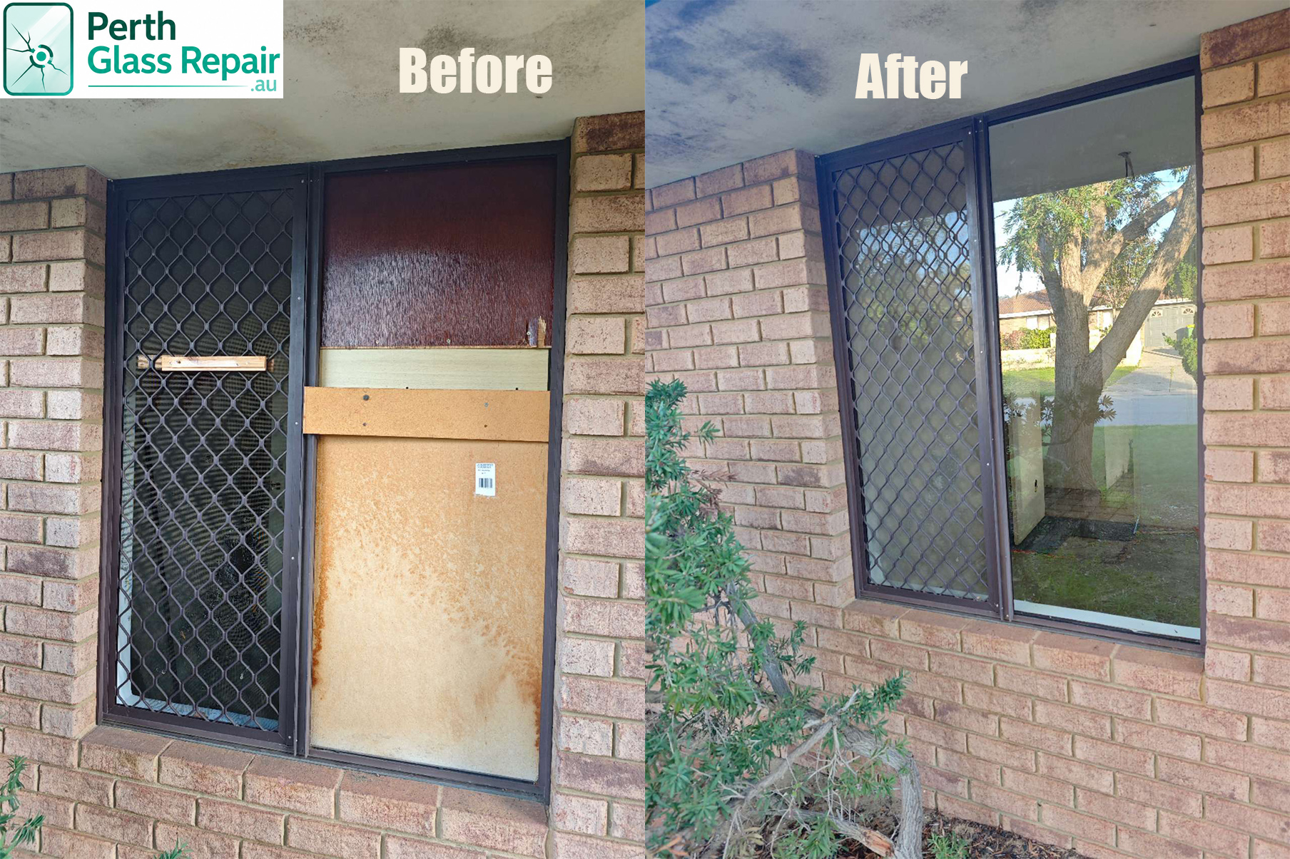 Before and after: boarded-up window restored with new glass by Perth Glass Repair